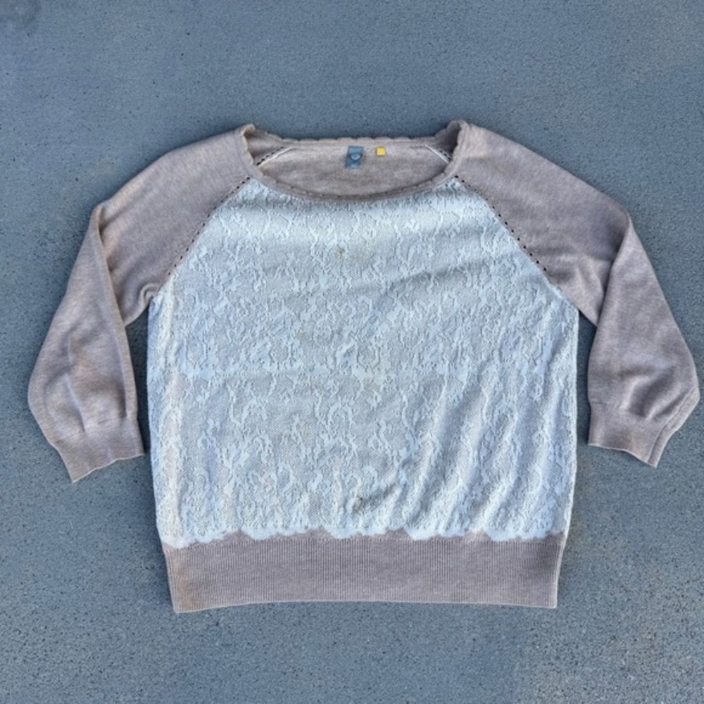 Knitted & Knotted Anthropologie Tan‎ Lace Front Raglan Sweater Medium